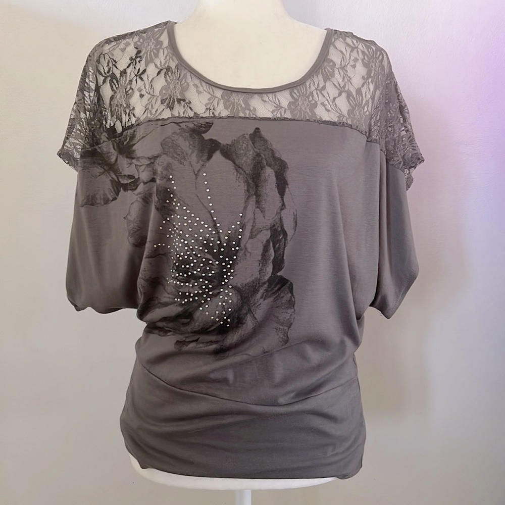 Dark gray top.